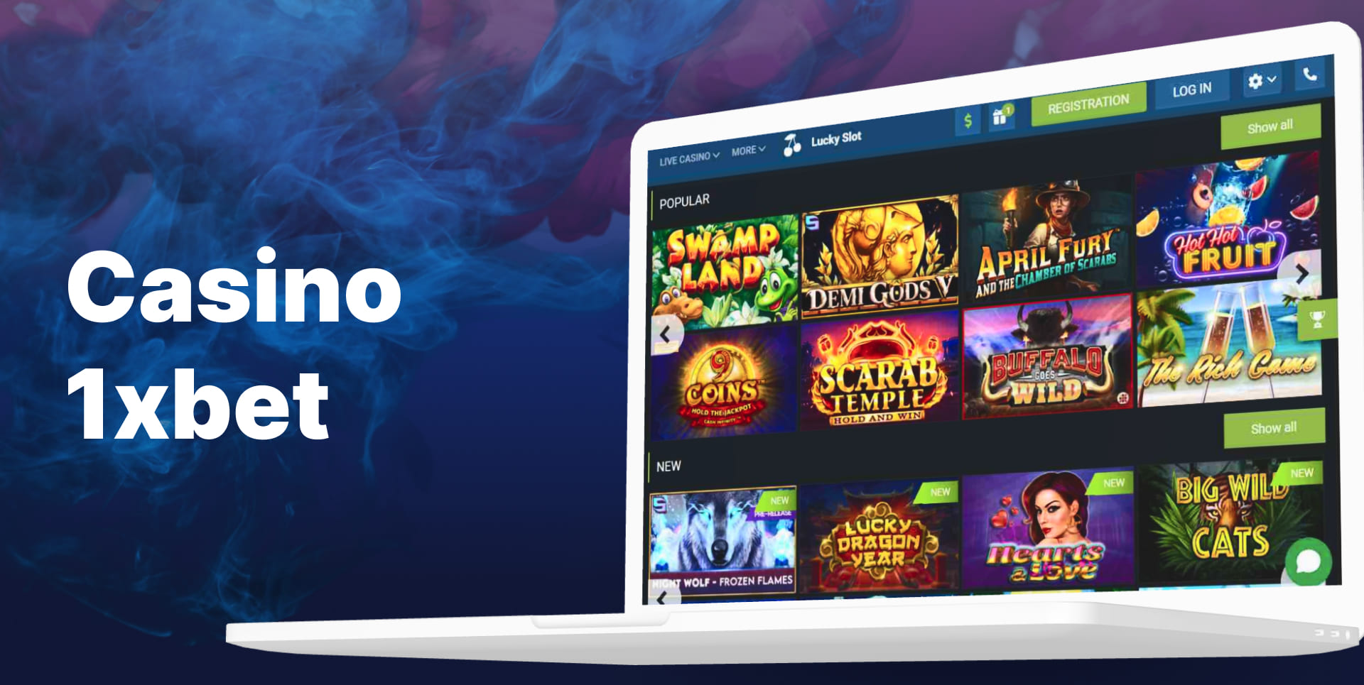 Sección de casino en línea en la plataforma 1xbet